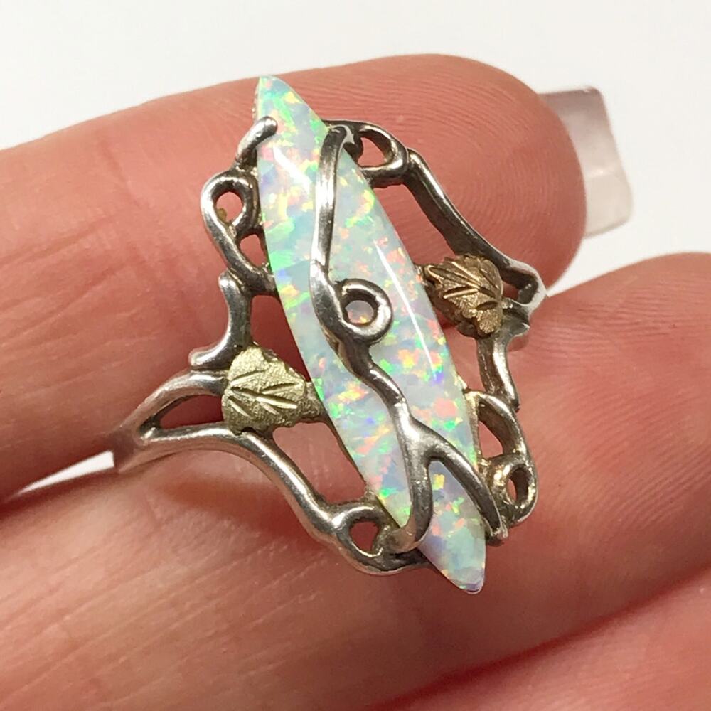 Black Hills Gold Lab Created Marquise Opal Sterling 12k Leaves Cocktail Ring